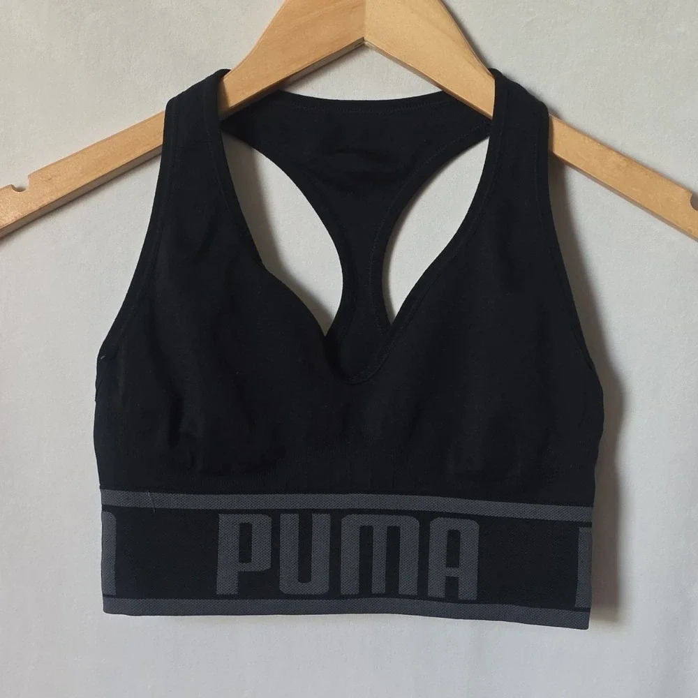 PUMA Black Racerback Sports Bra Wireless Size S Polyester Nylon Spandex Women